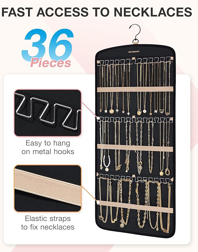 BAGSMART Hanging Jewelry Organizer, Necklace Holder Anti-tangle Earrings Rings Hanger with 20 Jewelry Bags Travel Storage Roll with Pockets Hang on Closet, Wall, Door,1 Piece, Large, Black