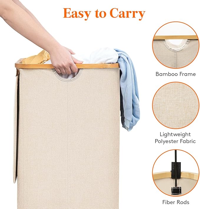 Lifewit 120L Laundry Basket with Lid, Clothes Hampers for Laundry with Bamboo Handles and 2 Removable Bag, Large Foldable Laundry Hamper for Bedroom, Bathroom, Dorm, Laundry Room, Beige