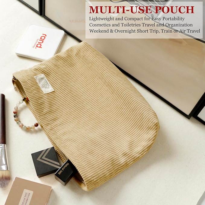 HAPPYHEIDI Cute Corduroy Makeup Bag with Pocket, Large Cosmetic Travel Pouch, Vintage Yellow, Lightweight, Zipper Closure, Canvas Lined