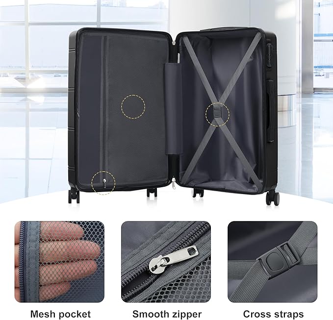 Merax Luggage Set 6 Piece,Lightweight Hardshell Suitcase with Double Spinner Wheels Handle Password Lock,14 IN Cosmetic Case 20/24/28 IN Luggages with Duffel Bag and Toiletry Bag,Black