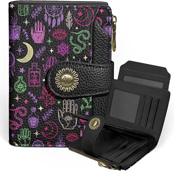 Icycay Goth Gothic Small Wallet Women RFID Blocking Bifold, Credit Card Holder, Zipper Coin Pocket, PU Leather, Magic Witchy, Compact, Travel, 4 ID Window, 14 Card Slots, Cash Purse, Ladies Woman