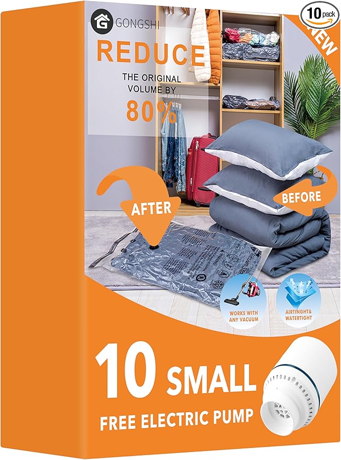 GONGSHI Vacuum Storage Bags, Space Saver Bags for Clothing,Blankets,Comforters, Pillows, Clothes,Travel,10 Small-EPUMP