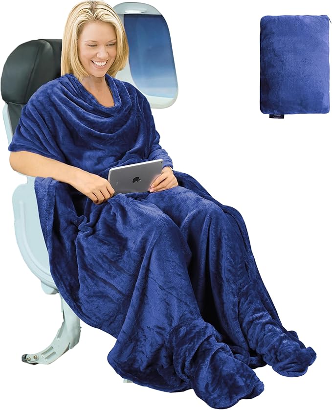 Tirrinia Travel Portable Blanket with Feet Pocket Airplane Office Poncho 4 in 1 Zippered Front Pocket Premium Cozy Fleece Blankets with Built-in Bag