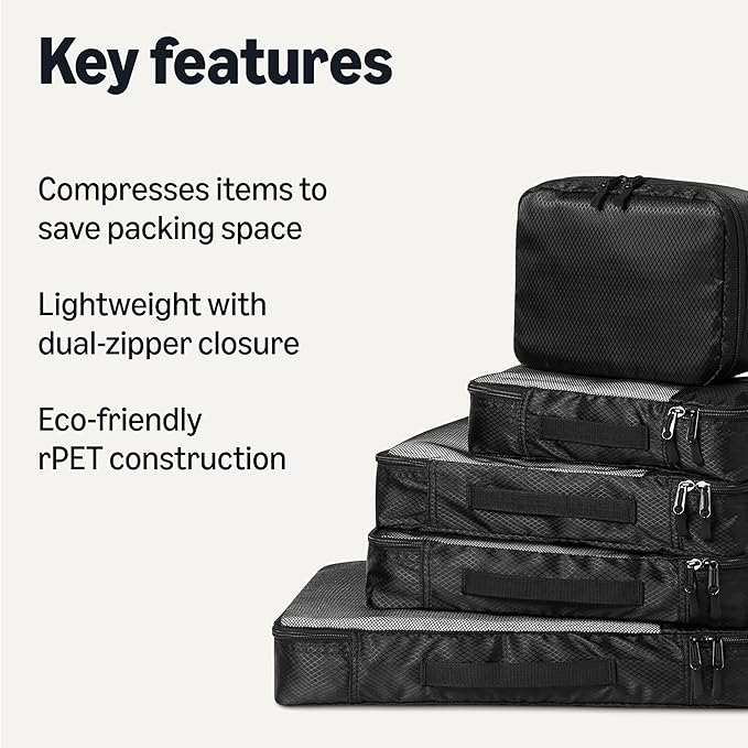 Amazon Essentials 8-Piece Packing Cubes Travel Accessories Set, Luggage Organiser with Double Zip, 100% Polyester, Multiple Dimensions, Black
