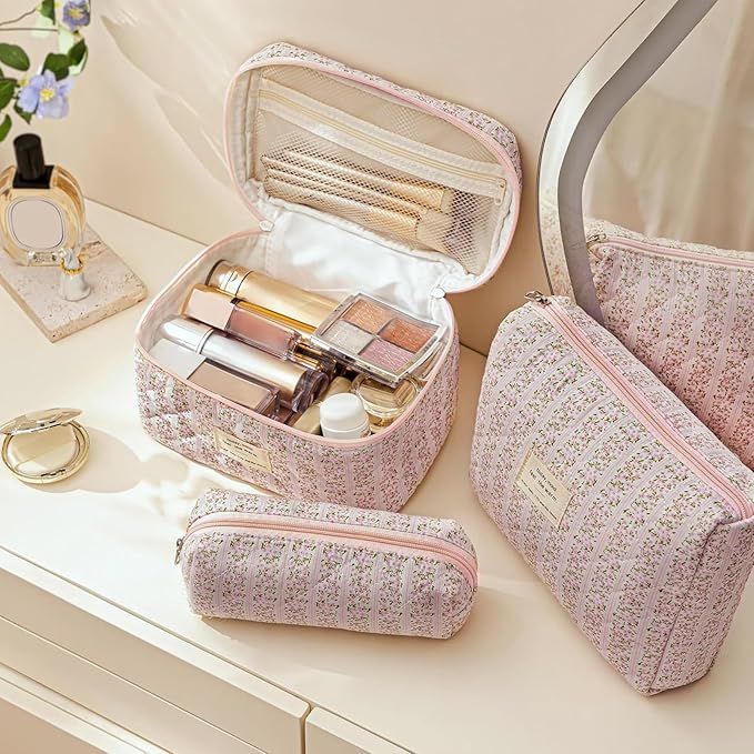 HBselect Quilted Makeup Bag, 3PCS Cotton Large Travel Makeup Bag, Cute Floral Coquette Make up Bag Cosmetic Bag Toiletry Bag for Women Girls