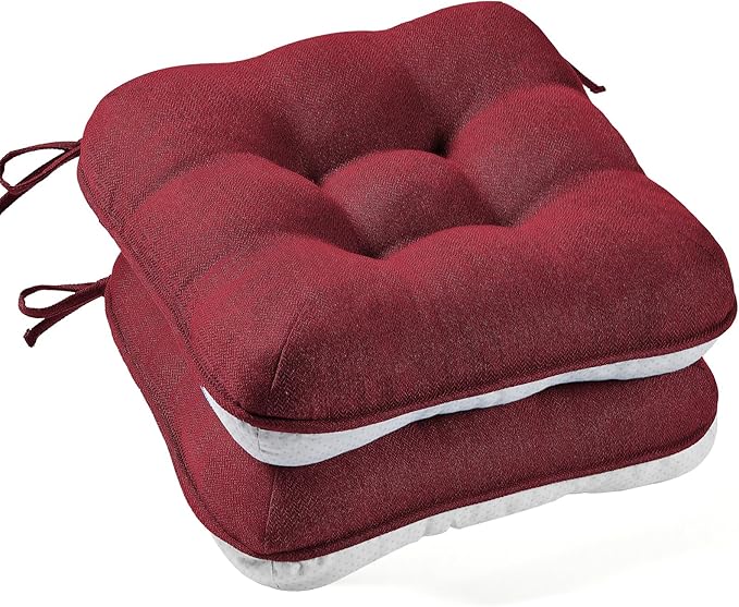 BETU Chair Cushions for Dining Chairs Set of 2,3.5" Thick Kitchen Table Chair Pads with Ties,Non Slip Backing and Covers, Christmas Decor Seat Cushion for Dining Room,Bar,Patio Chairs,16"X16"X3.5",Red