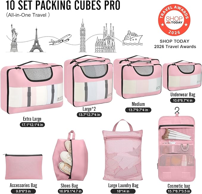 Veken 10 Set Packing Cubes for Travel Essential, Suitcase Organizer Bags in 4 Sizes, Carry-On Luggage Accessories with Large Laundry & Hanging Toiletry Bag, Must-Have for Airplane, Road Trip & Camping