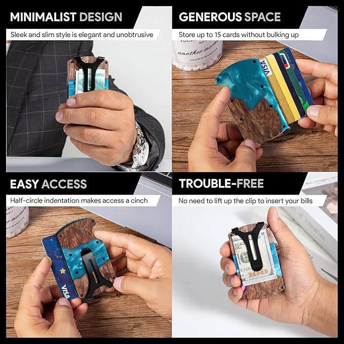 Carbon Fiber Minimalist Wallet for Men Credit Card Holder Money Clip & Cash Strap Slim RFID Mens Wallets,Resin Natural Walnut Wood,Unique Pattern,Dark Blue