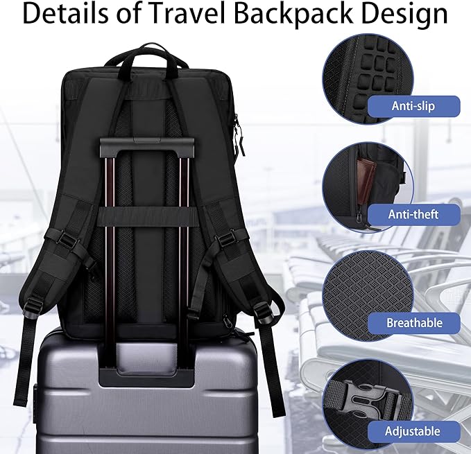 HOMIEE Travel Backpack 40L TSA Friendly Flight Approved Carry-on Luggage, Waterproof Business Computer Backpack Fits 17.3 Inch Laptop, Extra Large Weekender Bag with Shoe Compartment, Black