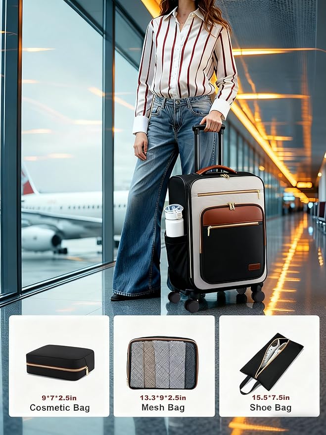 LOVEVOOK Carry on Suitcase 22x14x9 Airline Approved,20 inch Lightweight Waterproof Suitcases with 360° silent swivel wheels, TSA Lock and Compartment, Large Capacity travel Suitcase Black-White-brown