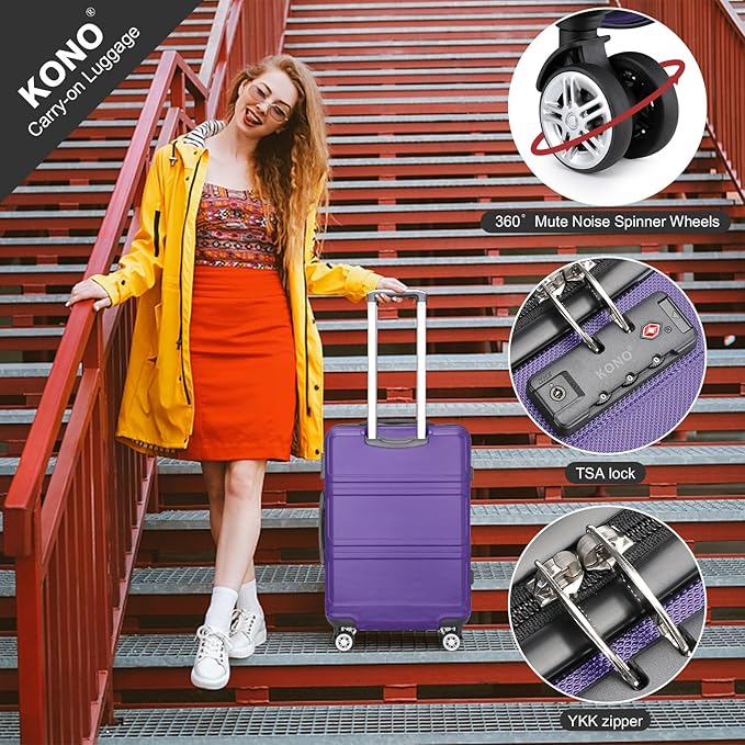 Kono Luggage Set 4 Piece Carry On Lightweight PC+ABS Hardside Luggage with TSA Lock Spinner Wheels Carry On Suitcase Purple