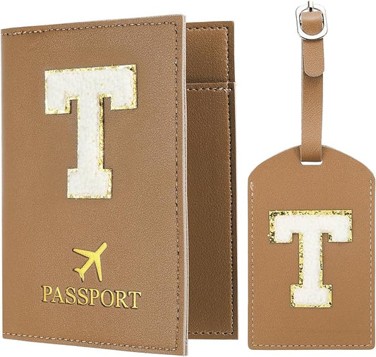 PATIKIL Passport Holder for Travel, Initial Passport Cover and Luggage Tag Set with Alphabet Chenille Letter Patch Travel Wallet Bag Suitcase Identifier for Women Family Travel Brown T