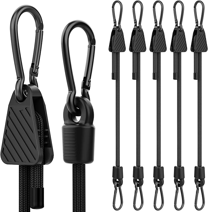 Rugtol Adjustable Bungee Cords with Hooks, 6 Pack Heavy Duty Outdoor Carabiner Bungee Cord, Black Super Elastic Bungee Straps Easily Adjust from 7" to 36", Great for Cargo, Camping, Bike Racks, Tents