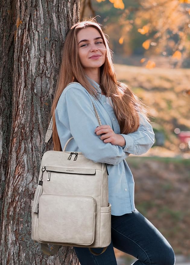 Shrrie Vegan Leather Laptop Backpack for Women 15.6 inch Work Backpack Fashion Travel Backpack Purse for Travel College Work