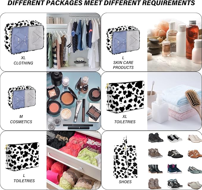 7 Set Packing Cubes Travel Luggage Organizers for Suitcase Travel Accessories with Shoe Bag for Women Girls Aesthetic Cute-Black White Cow Pattern