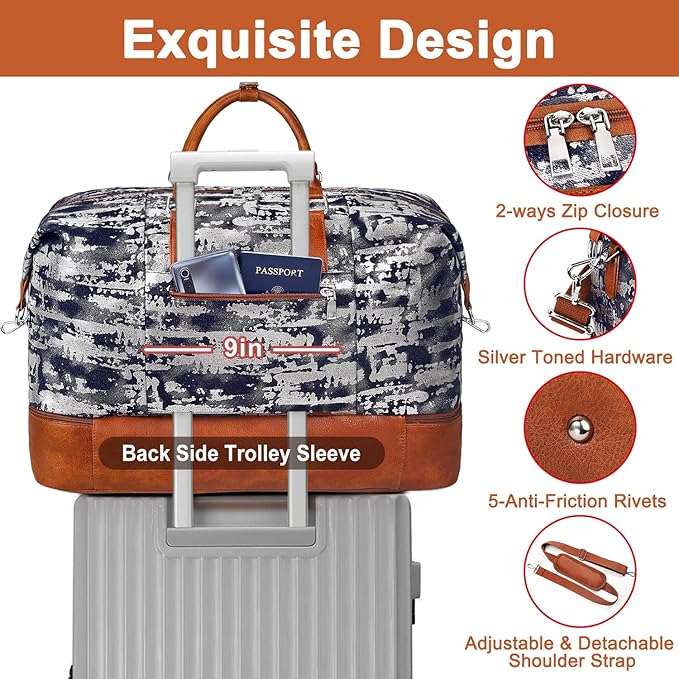 Travel Weekender Bag for Women, 21" Overnight Bag with Shoe Compartment 50L Large Travel Duffel Bag Carry On Tote for Weekend, Overnight, Business Trips, Water Resistant