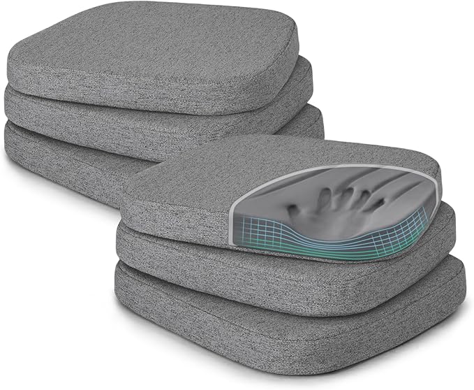 Shinnwa Kitchen Chair Cushions Set of 6, Patented Design Memory Foam Dining Chair Pads with Ties and Washable Cover, 6 Pack, 17" x 16" x 2", Dark Grey