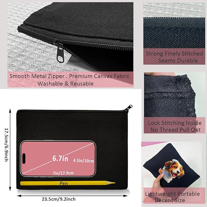 Koolmox Bulk 40 Pack Makeup Bags, 9x7 Large Plain Black Canvas Pouch with Zipper, Cotton Cosmetic Bags Wholesale for Paint, Heat Transfer Print, Craft, Draw, Decoration, Pen Case
