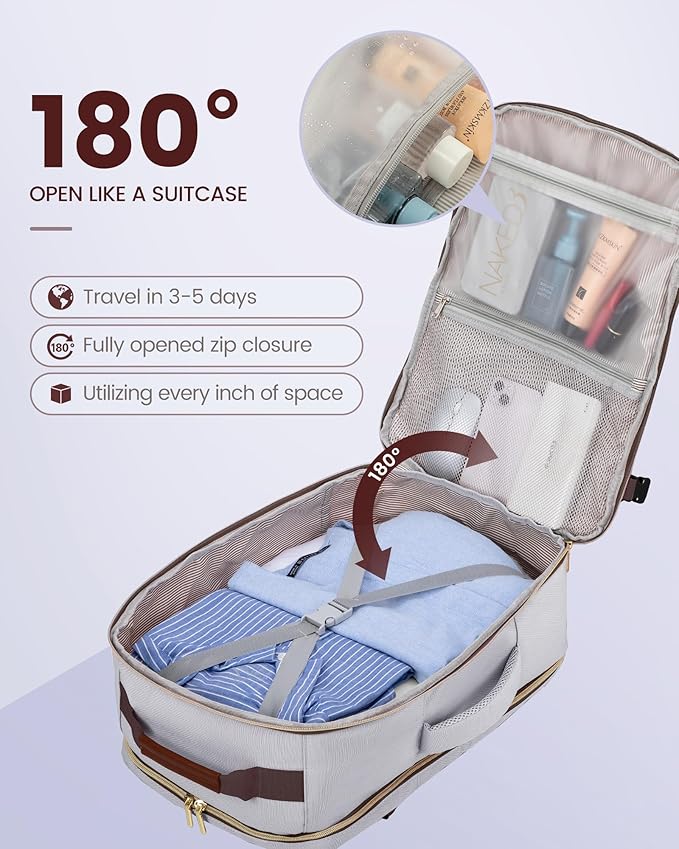 LOVEVOOK Travel Backpack for Women & Men 40L,Airline Approved Carry On Backpack Travel Essential,TSA Carry on Luggage,Personal Item Travel Bag,Suitcase with 3 Packing Cube,Light grey-Dark coffee color