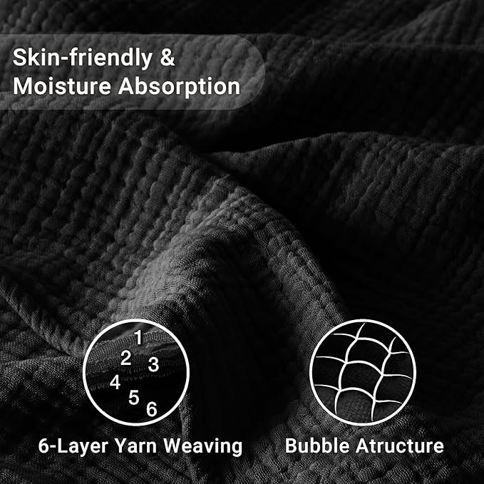 100% Cotton Muslin Blanket 50"x 60", 6 Layers Breathable and Lightweight Cotton Throw Blankets for Couch, Soft Cooling Summer Gauze Blanket for Adults All Season, Black