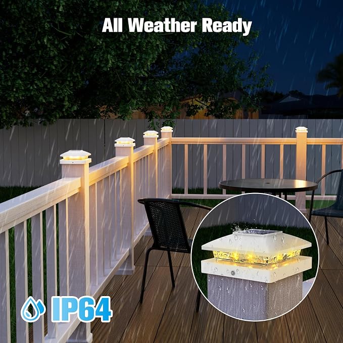 VOLISUN 4x4 Solar Post Cap Light 6pack,Solar Fence - Post Lights Outdoor Waterproof for Wooden/Vinyl Post,White Deck Post Cap Light Solar Powered with Warm White for Garden/Patio/Porch