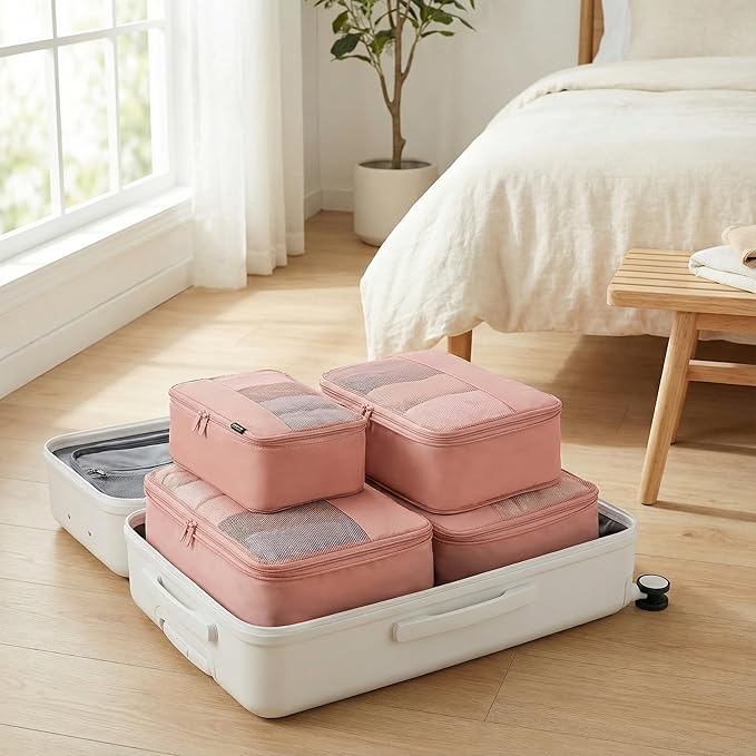 4 Piece Compression Packing Cubes for 3–7 Day Travel, Lightweight Travel Organizers with Breathable Mesh, Double-Zipper Packing Cubes for Carry-On & Suitcases (Dusty Pink)