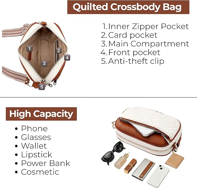 Vantamo Premium Quilted Crossbody Bags for Women with Anti-Pickpocket Clip, Vegan Leather Handbags, Travel Purses for Women