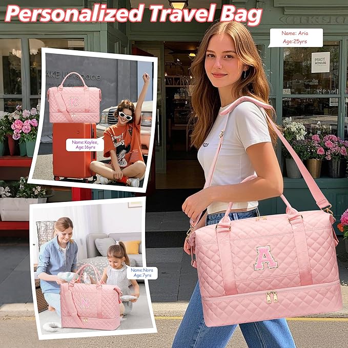 Gifts for Women Girls Initial Travel Duffle Bag Quilted Weekender Carry-On Overnight with Cosmetic Bag, Gym Bag with Shoe Compartment Hospital Bag for Labor Delivery, Pink C