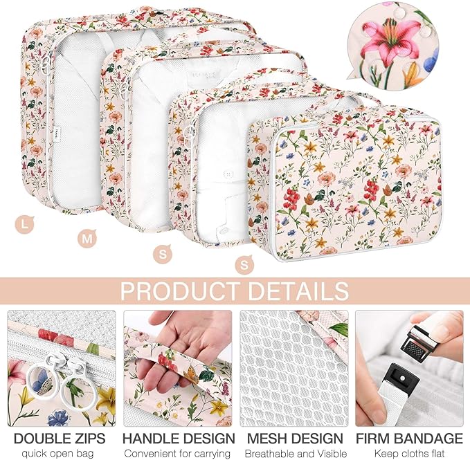 KPX 8 Set Packing Cubes for Travel, Luggage Packing Organizers Accessories Large Toiletries Bag for Clothes Shoes Cosmetics (Retro Flower)