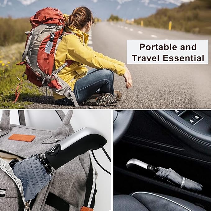 TradMall Travel Umbrella Windproof with 46 Inches Large Canopy 10 Reinforced Fiberglass Ribs Ergonomic Handle Auto Open & Close, Gray