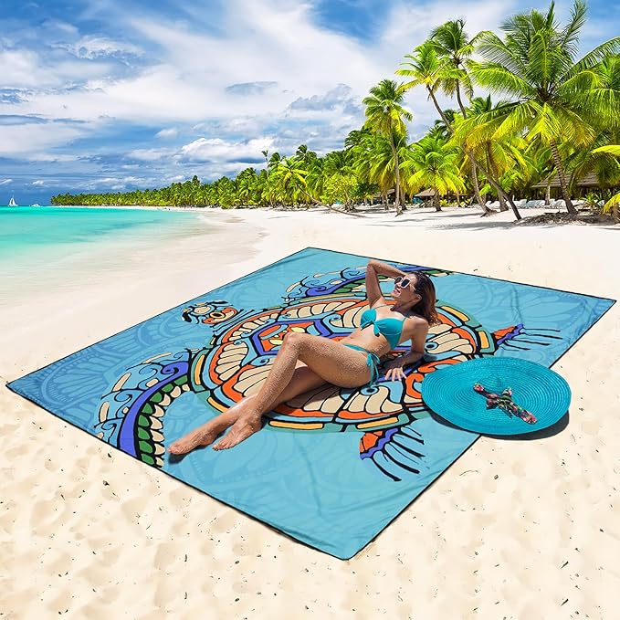 Beach Blanket Sandproof Extra Large Beach Mat Adults Waterproof Quick Drying Sand Free Mat Made by Premium Polyester with 4 Stakes & 4 Corner Pockets for Outdoor Travel Camping Hiking