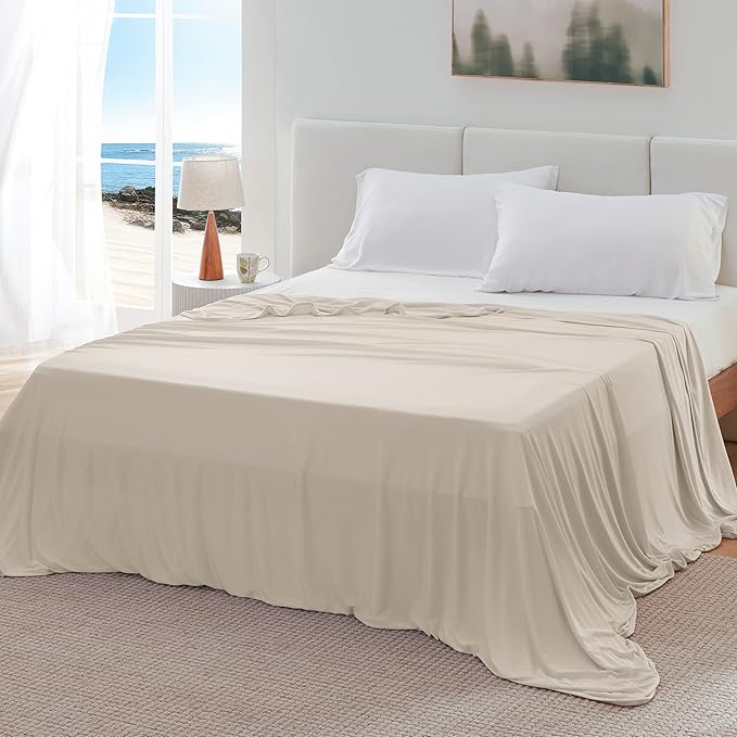 Bedsure Beige Cooling Blanket Queen Size for Hot Sleepers - Summer Cold Blanket for Queen Size Bed with Rayon Derived from Bamboo, Ice Cool Cold Arc-Chill Thin Summer Bedding Essentials, 90x90