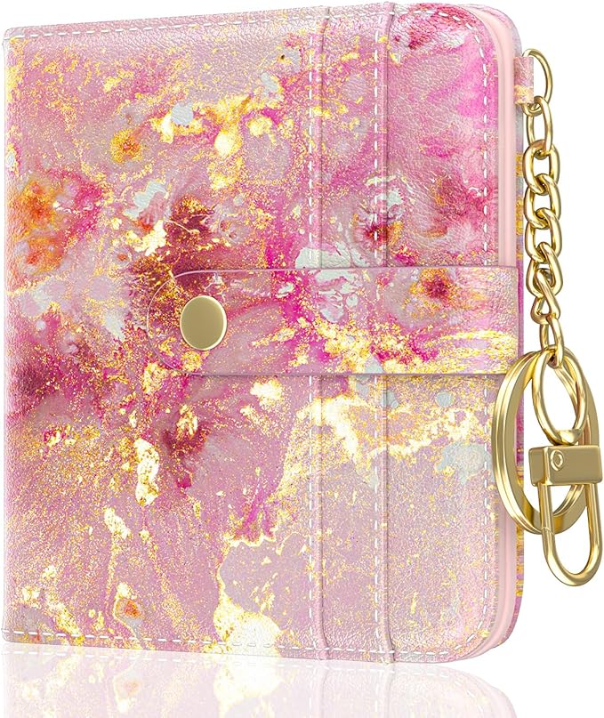 Aiawoxc Womens Wallet, RFID Small Wallets for Women, Slim Compact Credit Card Holder, Cute Leather Bifold Ladies Purse with Zipper Coin Pocket and ID Window, Gold Pink Marble