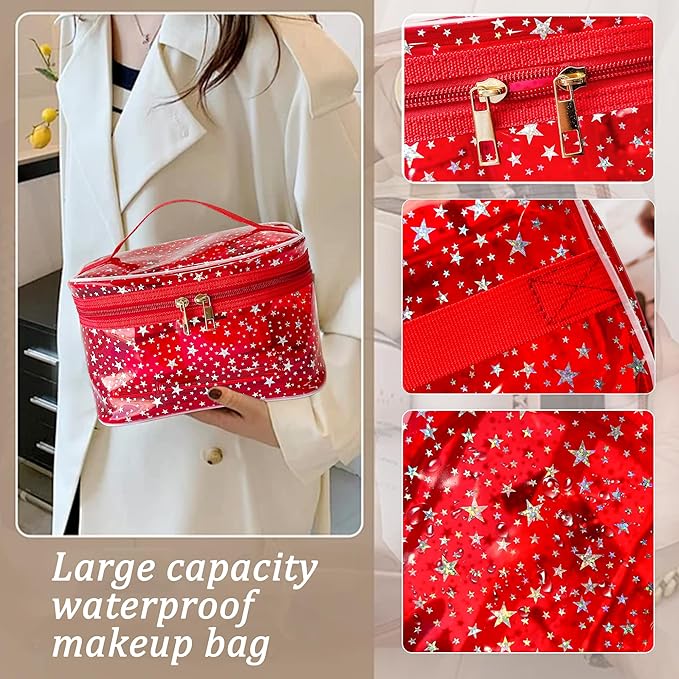 White Star Print PVC Makeup Bag with Handle - 8.66 * 5.51 * 5.51 inch,Clear Storage Bag Toiletry Pocket Portable Zippered Pouch Waterproof Cosmetic Organizer Bags for Women (White-L)
