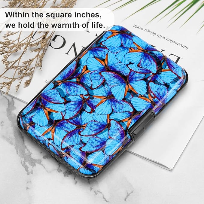 ELFISH RFID Blocking Credit Card Protector Aluminum ID Case Hard Shell Business Card Holders Metal Wallet for Men or Women (Blue Butterfly)