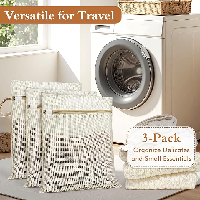 Natural Cotton Mesh Laundry Bags 12x16" 3-Pack,Gentle Wash for Lingerie, Baby Clothes & Travel Essentials