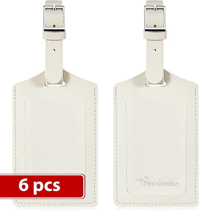 Travelambo Luggage Tags for Suitcases Faux Leather Privacy Protection 6 Pack Bag Tags Travel Accessories Essential, Ivory