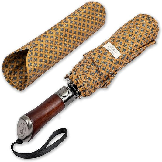 Balios (Designed in UK) Travel Umbrella Luxurious Golden Hardwood Handle Auto Open & Close Windproof Frame Single Canopy Automatic Folding Umbrella Men's & Ladies