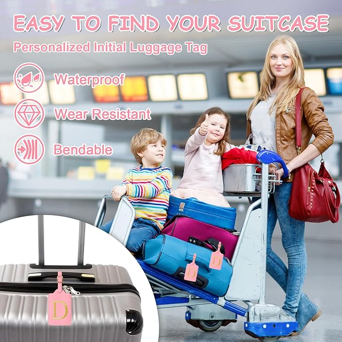 Initial Letter Luggage Tags for Suitcases, Embroidered Monogrammed Suitcase Luggage Identifier Name Tag, PU Leather TSA Approved Luggage Tags, Bag Tags for Men Women Kids Luggage Handbags(Pink D)