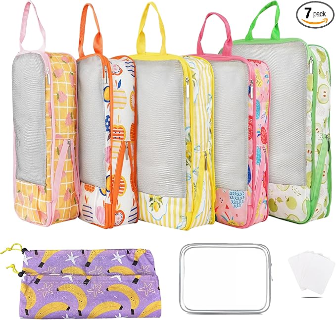 7 Pcs Compression Packing Cubes for Travel Luggage, Lightweight Suitcase Organizer Bags Set, Compression Packaging Cube for Travel Essentials, Packing Cubes for Carry on Suitcase