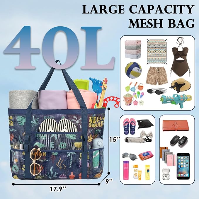 Fammart Mesh Beach Bag, Large Beach Tote with Zipper Pocket, Toys Pool Bag for Family Travel Vacation Cruise Essentials