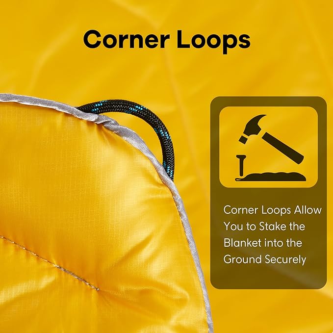 UNIKOME Waterproof Puffy Camping Blanket - Lightweight Packable Outdoor Quilt with Corner Loops, Warm Compact Blanket for Cold Weather Hiking Picnic Stadium Travel, 75"×52", Yellow