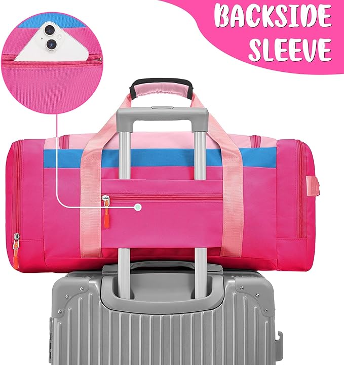 WOOMADA Kids Duffle Bag for Boys or Girls,Weekender Overnight Bag with Shoe Compartment & Wet Pocket Perfect For School, Sports, Overnight Trips(Hot Pink)