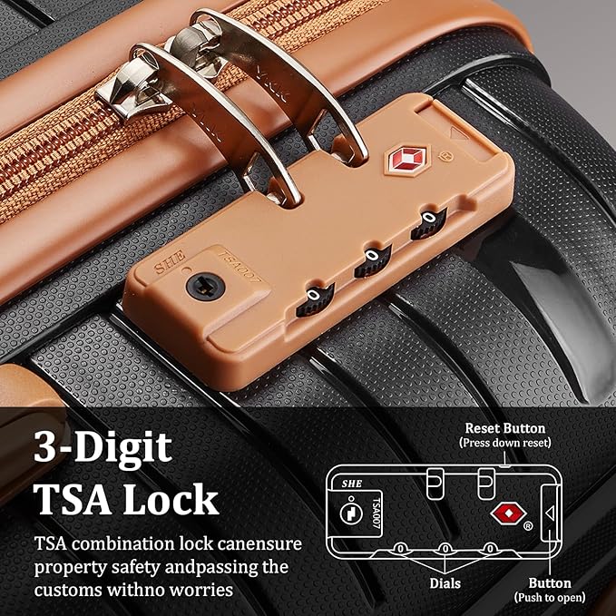 Joyway Luggage Sets 6 Piece PP Hardside Carry on Suitcase with Spinner Wheels and TSA Lock for Travel, Black Brown
