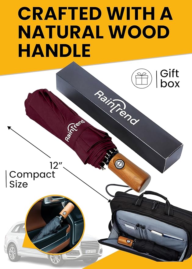 Raintrend Windproof Travel Umbrellas for Rain Automatic +10% Bigger Canopy Strong Frame Compact Folding Portable Umbrella for Women Men Backpack Purse