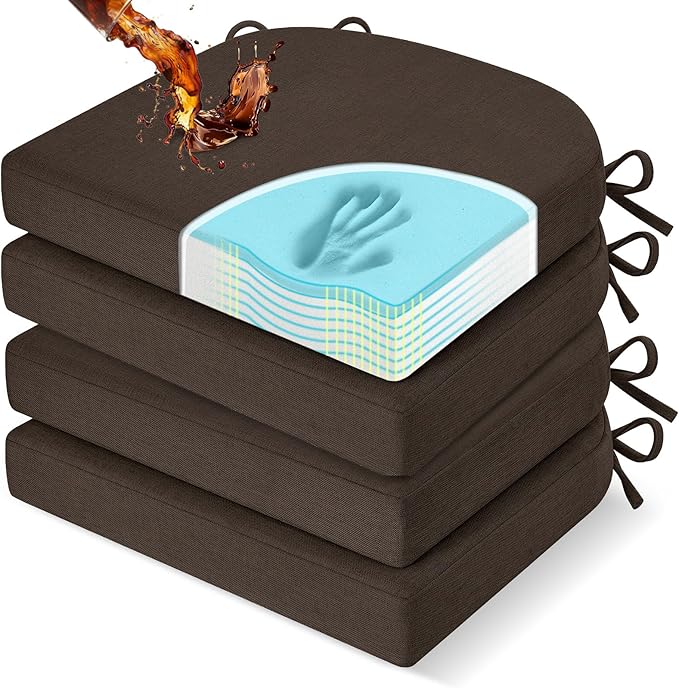 downluxe Chair Cushions for Dining Chairs, Memory Foam Linen Kitchen Chair Pads with Ties, Waterproof, Stain-Resistant and Washable Cover, 17" x 16" x 2.5", Brown, 4 Pack