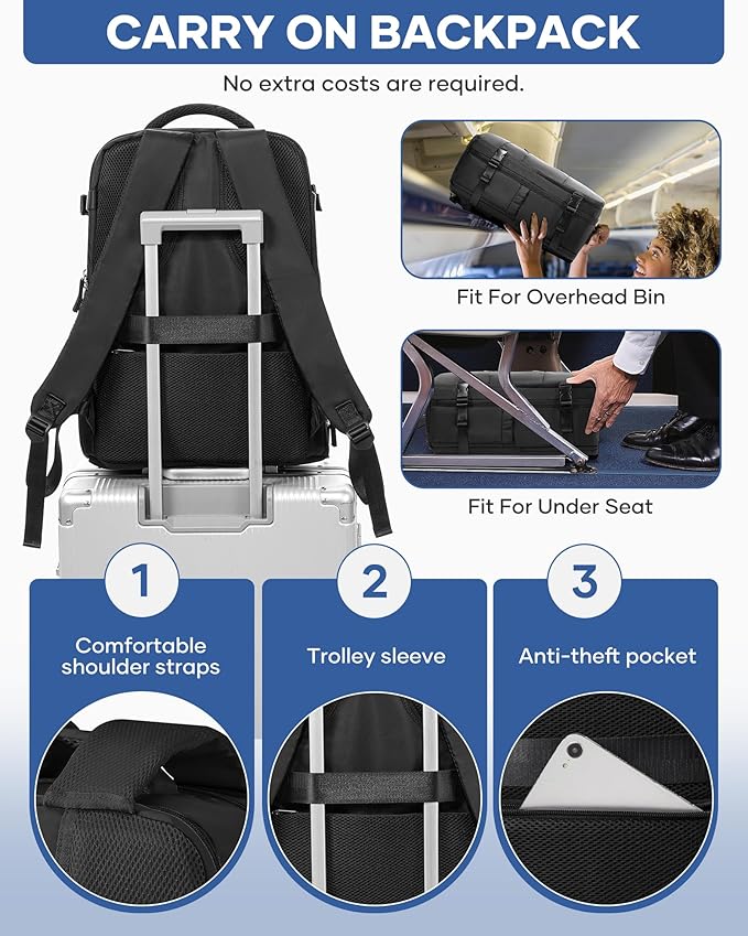 Vacuum Backpack Travel with Pump,Large Travel Backpack with Vacuum System,Mochila compresion al vacio,Flight Approved 18x14x8,Waterproof Carry on Personal Item Laptop Backpacks,Black