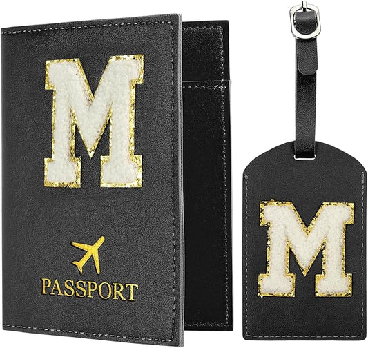 PATIKIL Passport Holder for Travel, Initial Passport Cover and Luggage Tag Set with Alphabet Chenille Letter Patch Travel Wallet Bag Suitcase Identifier for Women Family Travel Black M