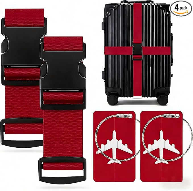4-piece Set of Lockable Luggage Straps - Two Luggage Straps and Two Luggage Tags to Protect Your Luggage from Bursting, Suitable for suitcases 20-32 in(Red Strap (excluding Password Lock))