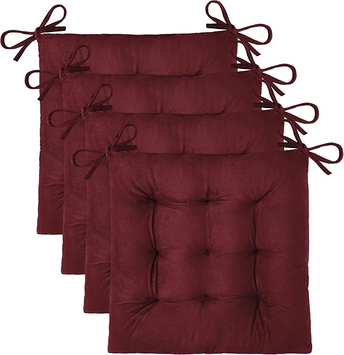 OVOV 4 Pack Chair Cushions for Dining Chairs Soft Seat Cushions for Kitchen Desk Chairs Square Chair Pads with Ties (15.5"x15.5" Burgundy)